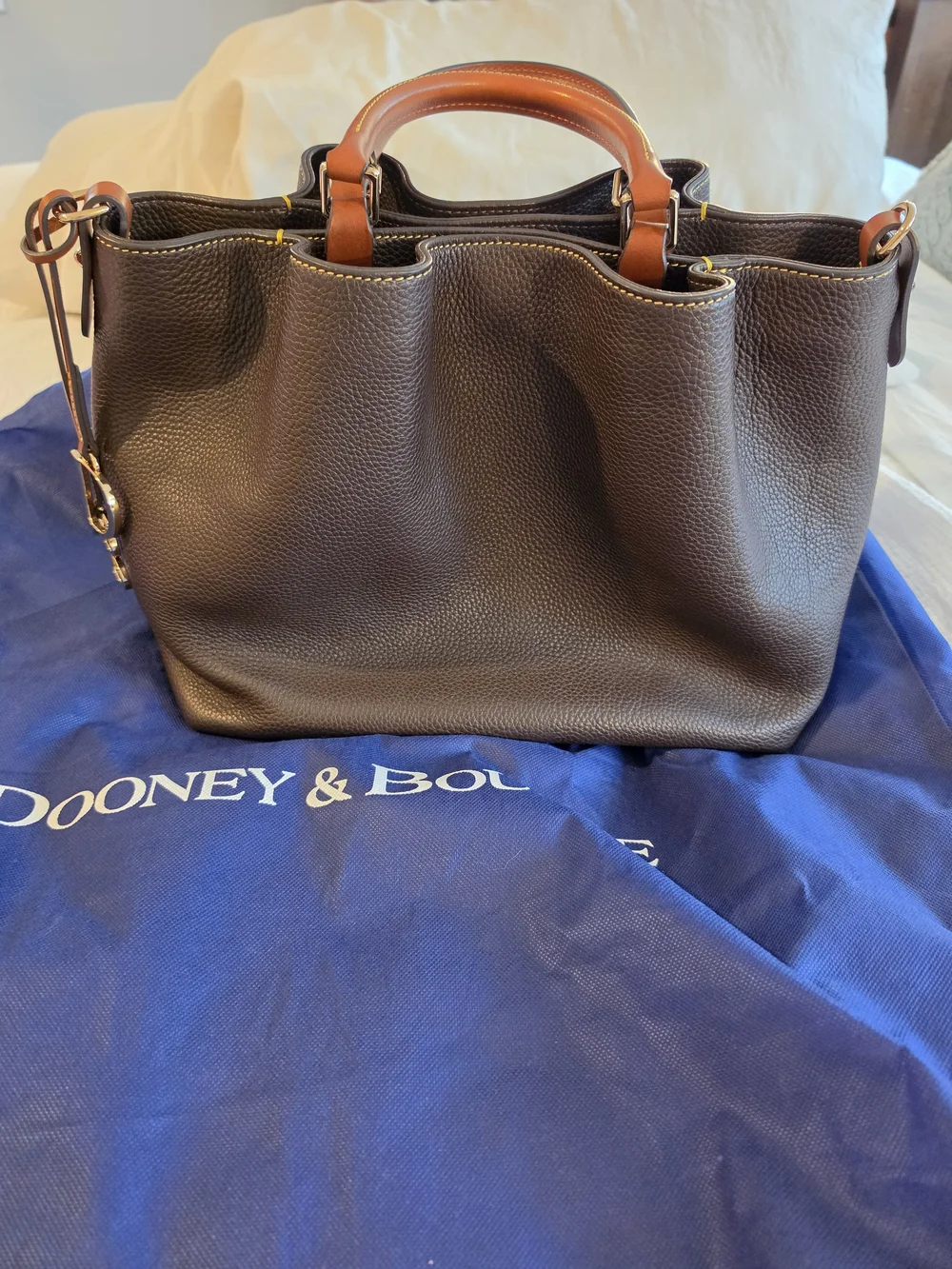 Dooney & Bourke Pebbled Leather Barlow Satchel -dark Brown With Tan Trim